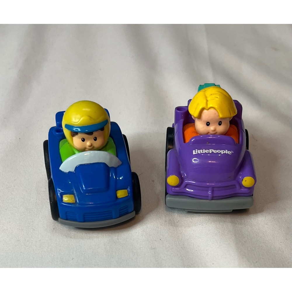 Fisher-Price Little People Toy Cars Lot 2 Blue Race Car Purple Tow Truck Figures